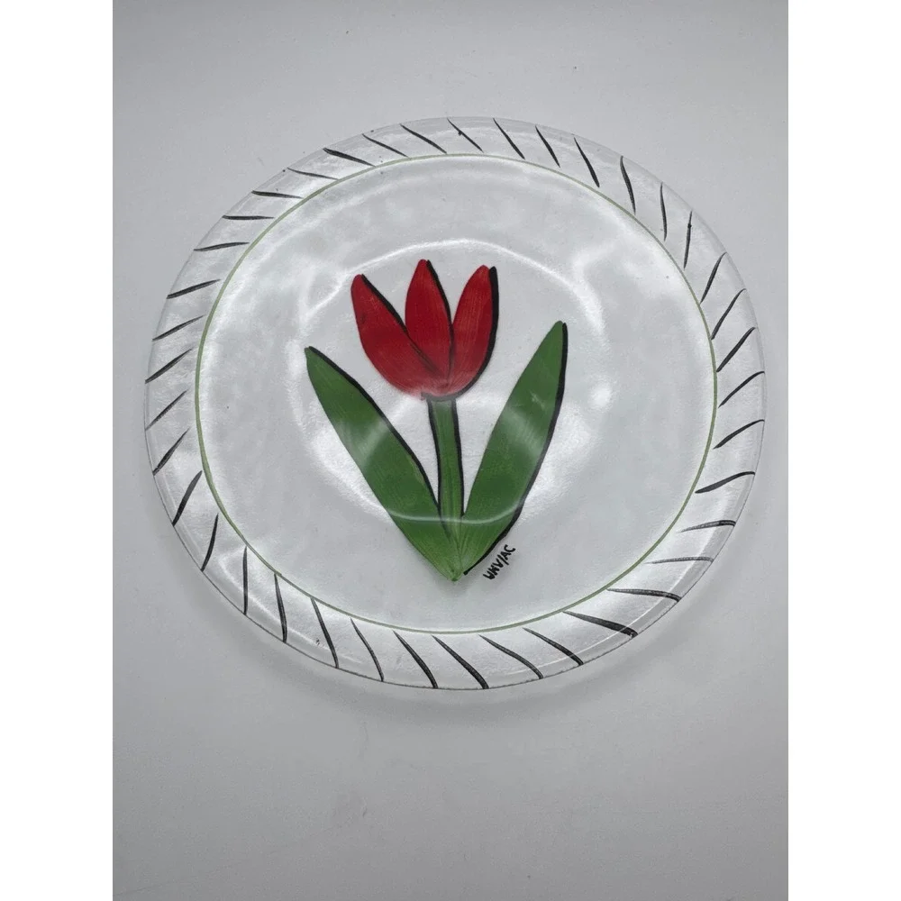 Kosta Boda Tulipa Glass Plate Salad Dessert App Red Tulip‎ Ulrica Hydman-Vallien